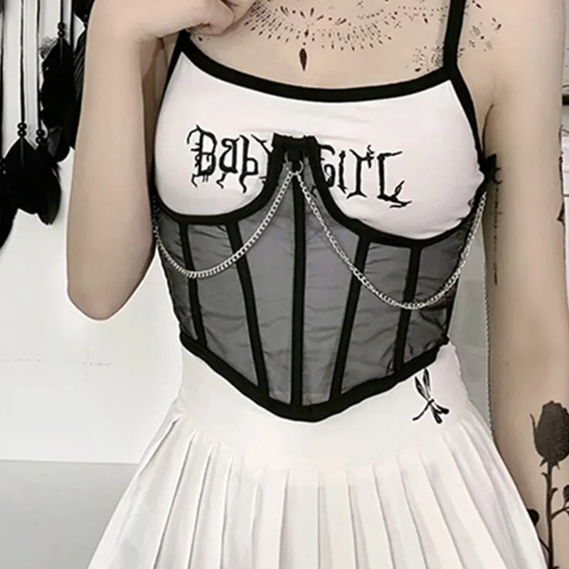 Sexy Corset Underbust Punk Metal Chain Black Women Top Curve Shaper Strap Slimming High Waist Belt Lace Bustiers