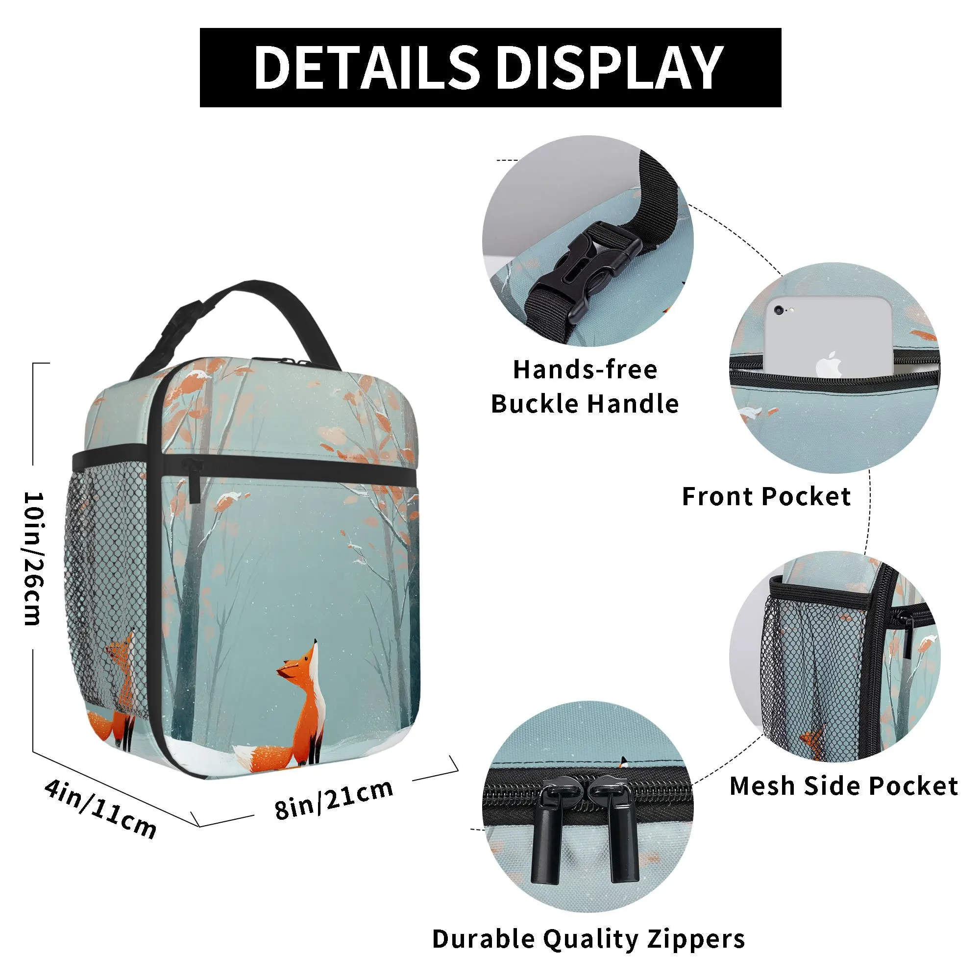 1pc Winter Fox in Snowy Forest Printed Thermal Bag – Insulated, Reusable & Portable for Home, Restaurant, or Office Use (Unisex)
