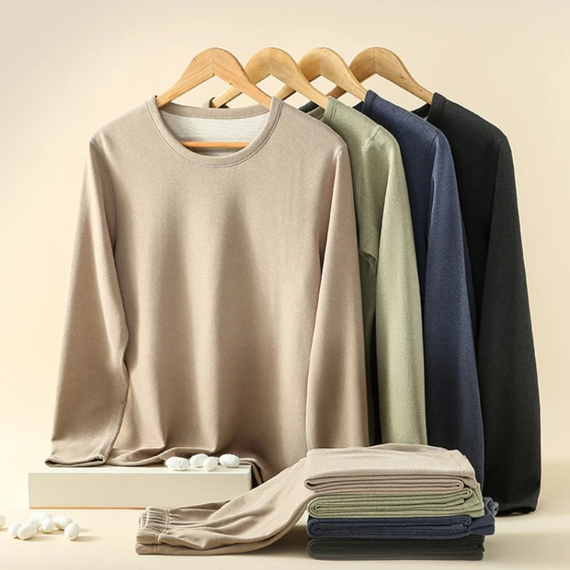 طقم ملابس داخلية شتوية للرجال مبطن بالصوف الدافئ تي شيرت سميك برقبة دائرية سروال أساسي صلب قطعتين ملابس داخلية حرارية