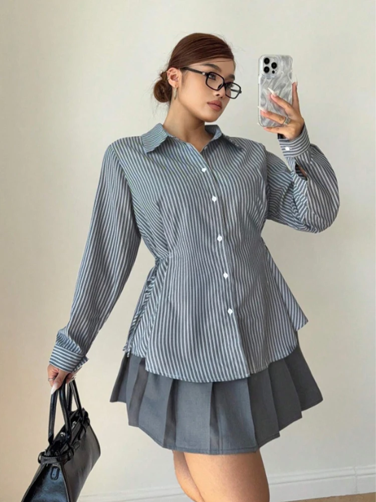 

Новые женские блузки в полоску большого размера, рубашки, элегантный галстук сбоку на талии, тонкий топ, дешевая женская одежда, бесплатная доставка, большие размеры