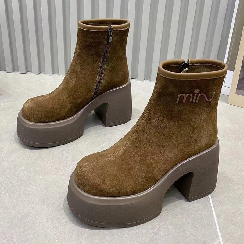 

Genuine Leather Suede Ladies Boots Autumn and Winter Platform Wedge Letter Women's High Boots Fashion Lightweight Soft Botines