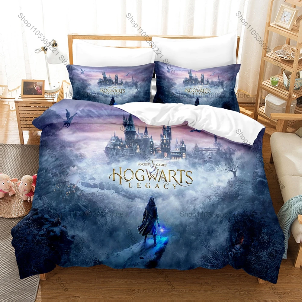 Hogwarts Legacy Bedding Set Duvet Cover + 2 Pillowcases Wizard Open World Game Hogwarts Castle Magic Forest Bedroom Decor