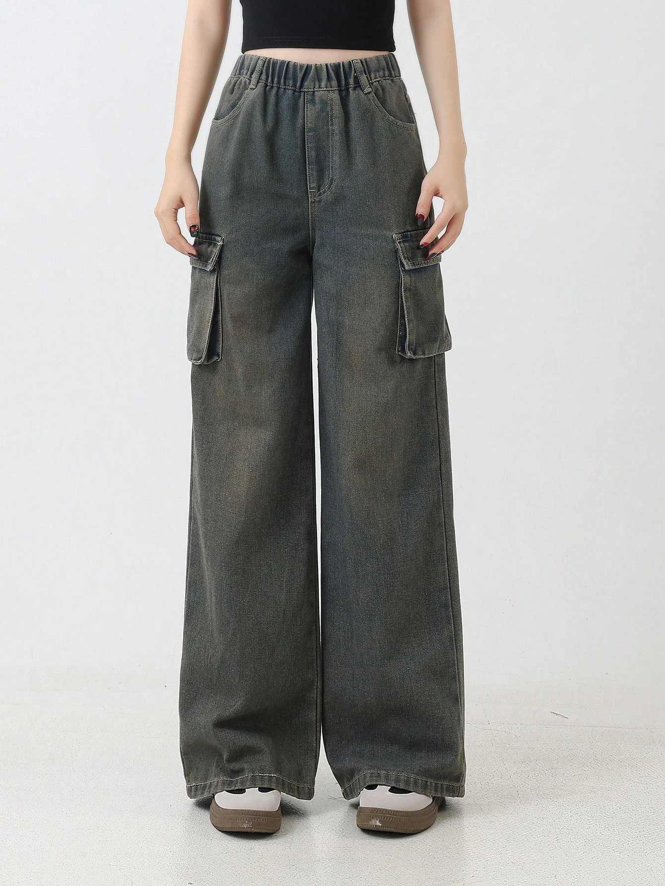 

Preppy Style Girls' Cargo Loose Washed Denim Pants - Fashionable Wide-Leg Casual Jeans