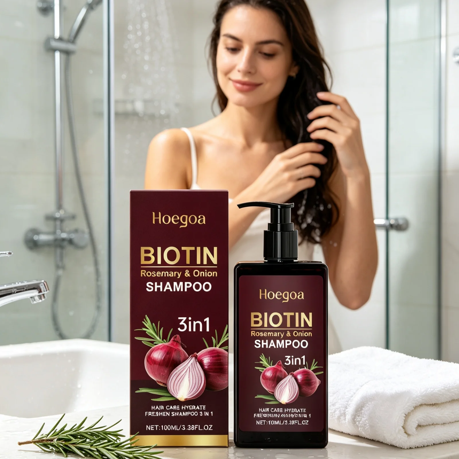Hoegoa Rosemary Onion Shampoo Long Lasting Moisturizing Repair Damaged Hair Anti Frizz Fluffy Volumizing Effect Biotin Shampoo