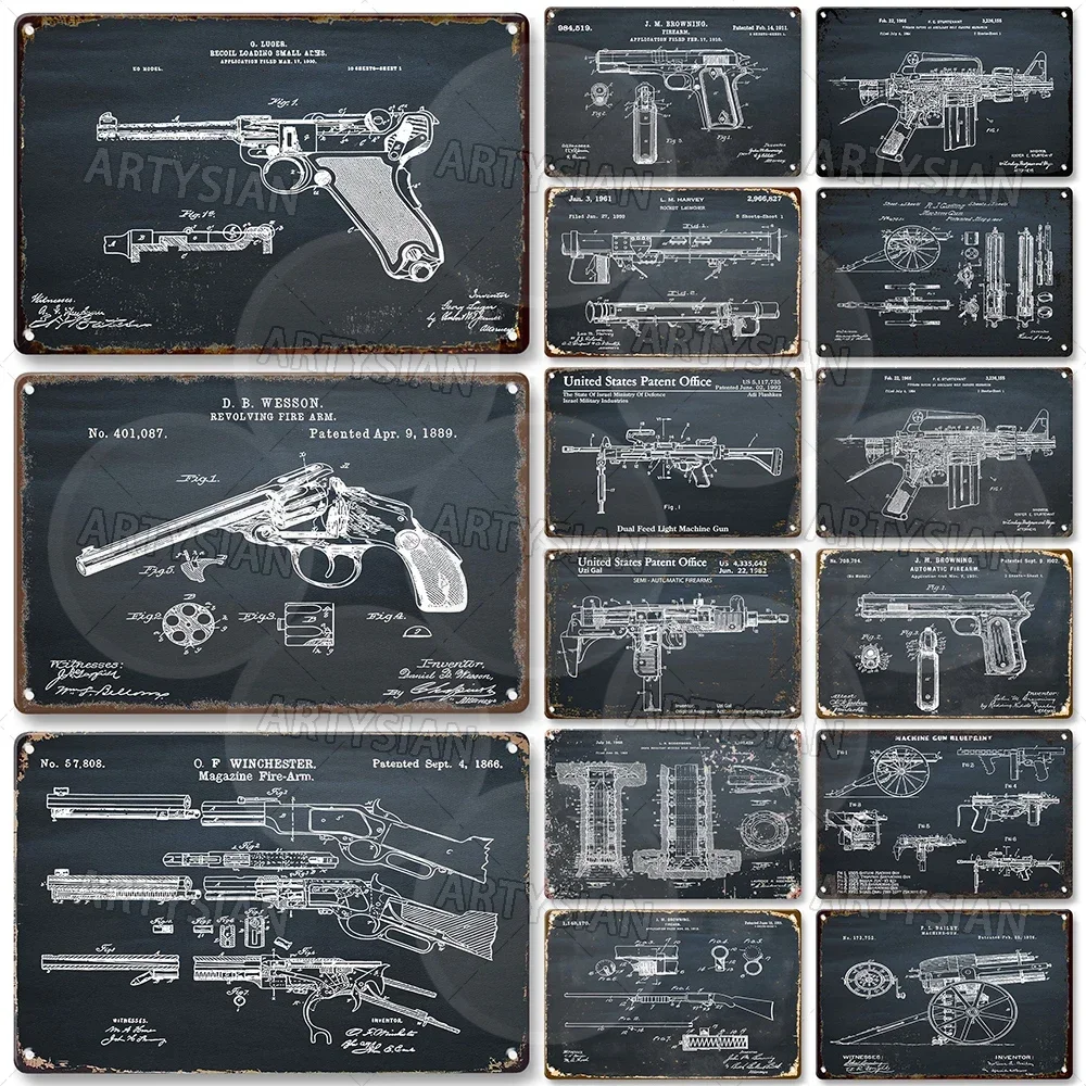 Patent Matal Sign MAC-10 UZI Submachine Gun Thompson M16 Rifle Winchester Machine Gun Luger Pistol Bailey Soderberg Missile Silo