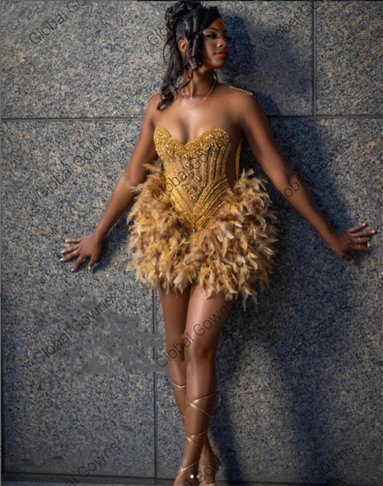 Gold Beaded Short Prom Dress For Black Girls Birthday Party Dresses Feathers Mermaid Mini Cocktail Homecoming Customized image 2