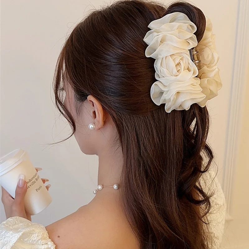 Presilha de Cabelo Elegante com Flor de Seda Chiffon e Laço Grande de Tecido, Rosa, para Mulheres e Meninas, Acessório de Cabelo Grande
