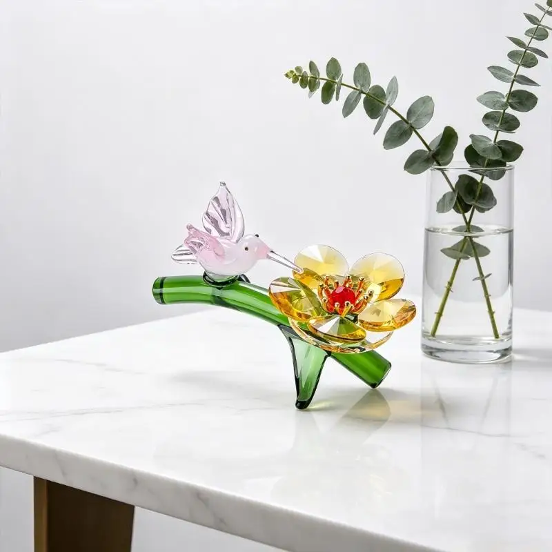 QX2E Miniature Crystal Bird with Flower Statue Glass Collectible Ornament For Home Aesthetic Enhancement Desktop Display