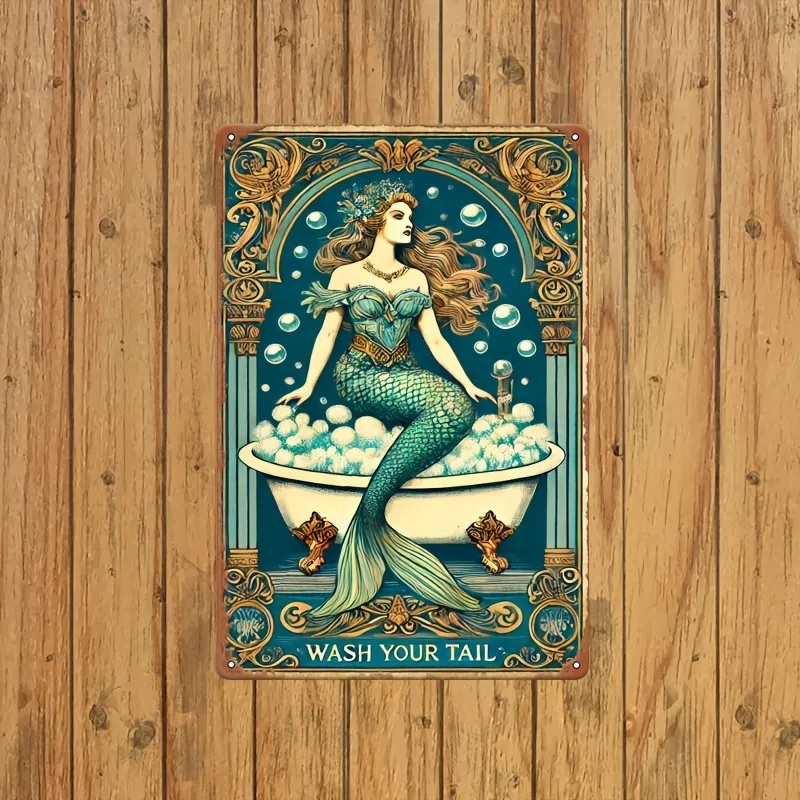 لوحة فنية جدارية للحمام بتصميم حورية البحر غريب الأطوار - لافتة معدنية عتيقة مع موضوع المحيط "غسل ذيلك"، ديكور منزلي قديم للحمام