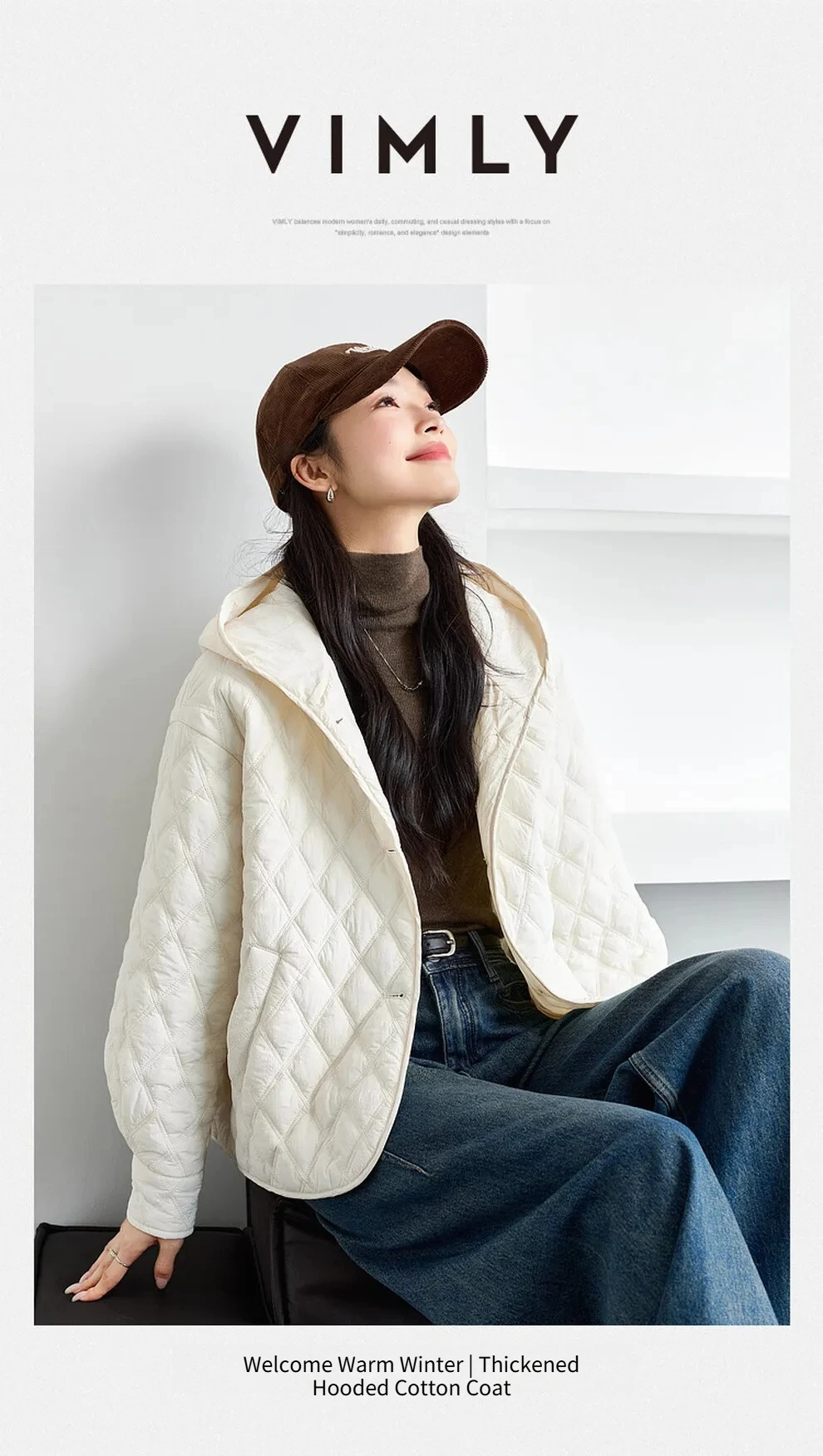 VIMLY Women's Beige Quilted Puffer Jackets Casual Long Sleeve Short Hooded Parkas Loose Pocket Coats 2026 Winter Clothes M9530