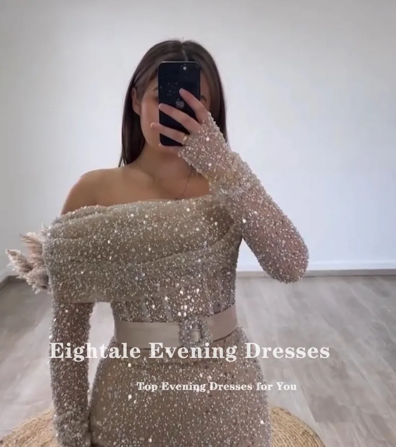 Eightale Luxury Evening Dresses Customized One Shoulder Long Sleeves Belt Champagne Sequined Mermaid Prom Gowns Robe De Soirée