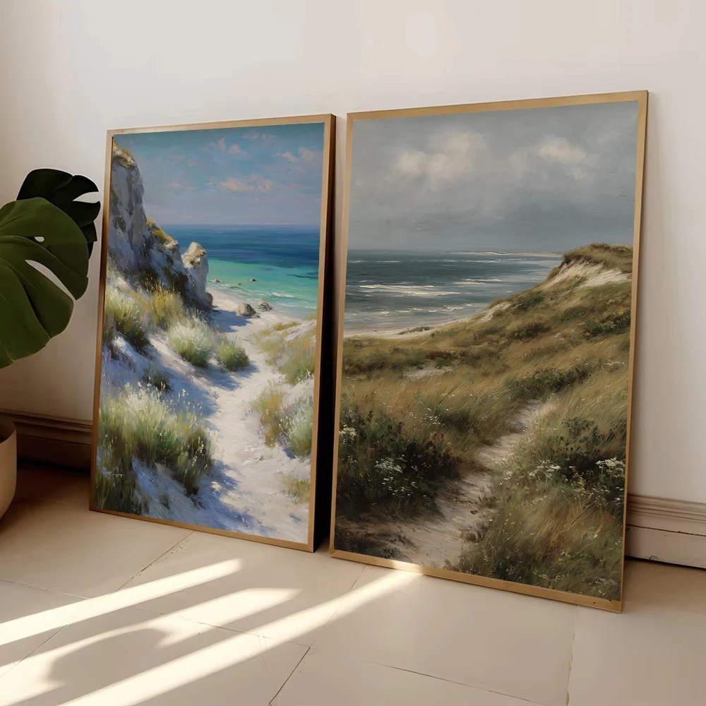 Coastal Cottage Ocean Wildflowers View Beach Path Canvas Painting Poster Print Neutral Wall Art Picture Living Room Home Decor