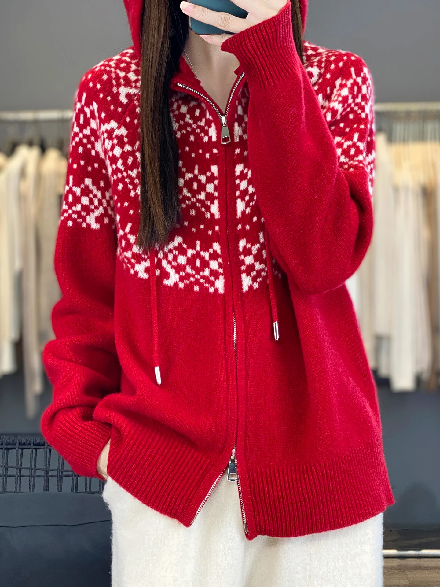 TLOML Women's 100% Merino Wool Hoodie Fair Isle Double Zipper Cardigan Autumn Winter Cashmere Knitwear Casual Soft Thicken Tops - view 6