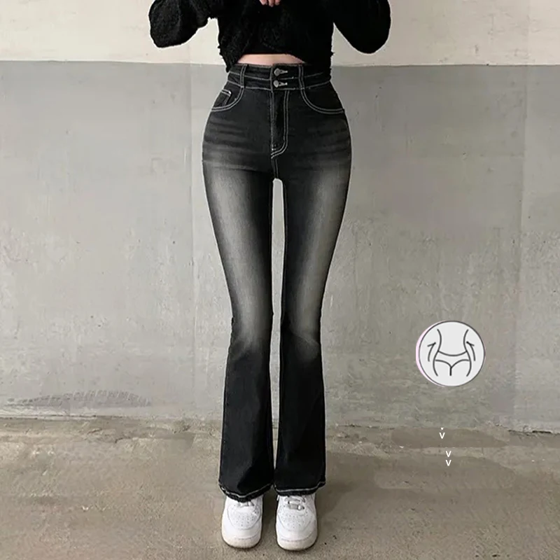 

High Waist Bell Bottom Jeans Women's Double Buckle Waist Cinching Hip Enhancing Butt Lifting Denim Cotton Polyester Blend Cas