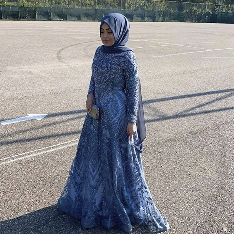 Long Sleeve Dubai Evening Dress Muslim Women Arabic Navy Blue Formal Dresses Plus Size Moroccan Kaftan Long Prom Party Gown