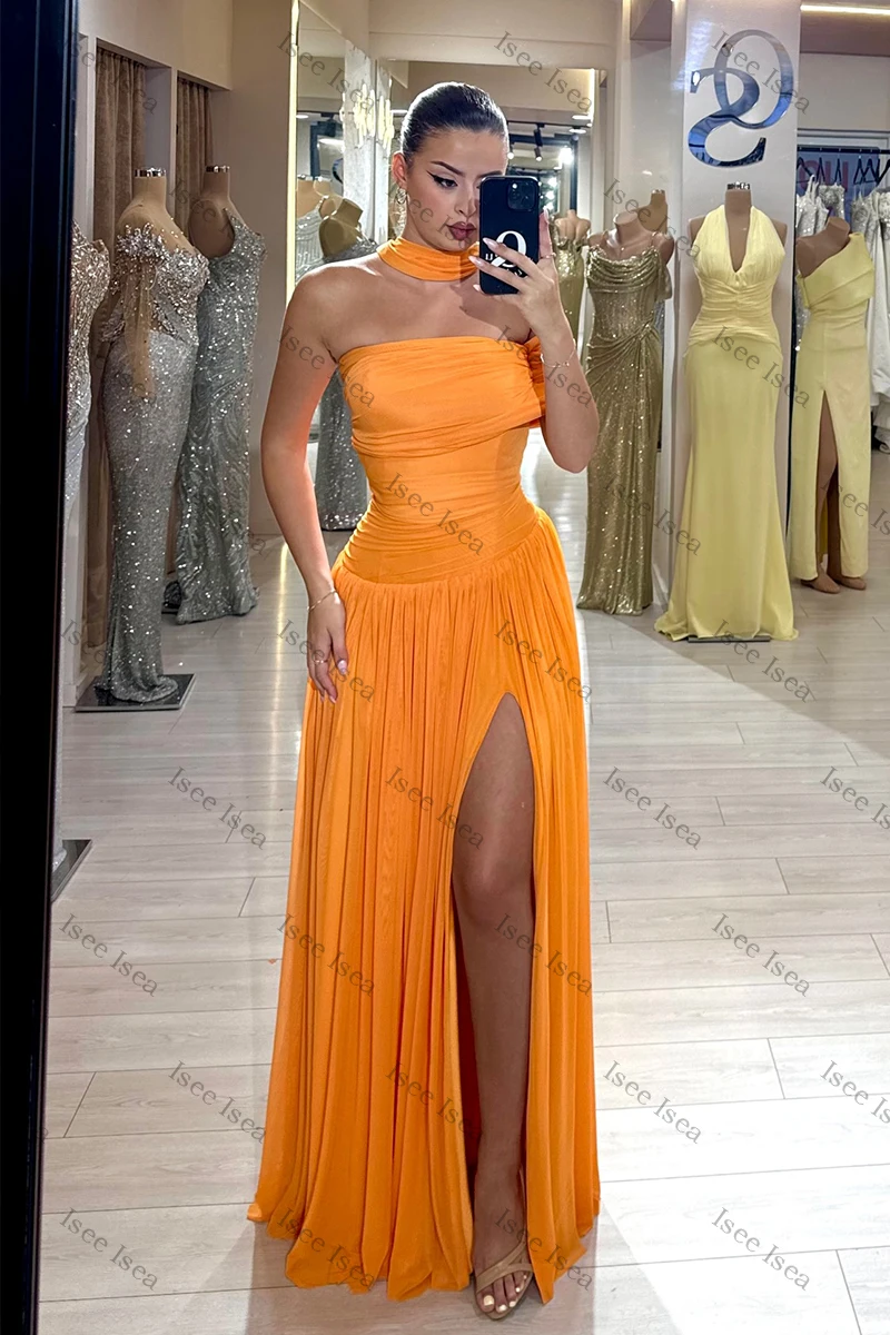 Orange Neue Abendkleider Abendkleid mit Strasssteinen فسات Mohamed Museum One-Shoulder-Kleid mit hohem Schlitz für Hochzeitsgäste Maßgeschneidert