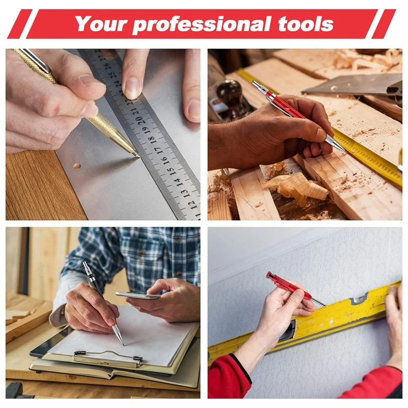 A16R-Mechanical Carpenter Pencils Set With Marker Refills And Carbide Scriber Tool, Solid Deep Hole Woodworking Pencils