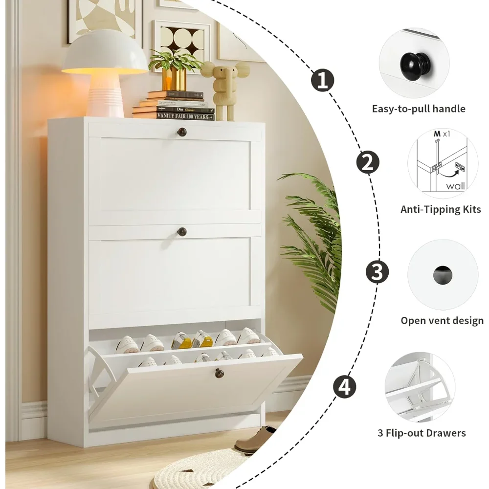 Freistehender Schuhschrank mit 3 Klappschubladen, verstellbarem Regal, kippsicherem Gerät, für Eingangsbereich, Flur, Wohnzimmer