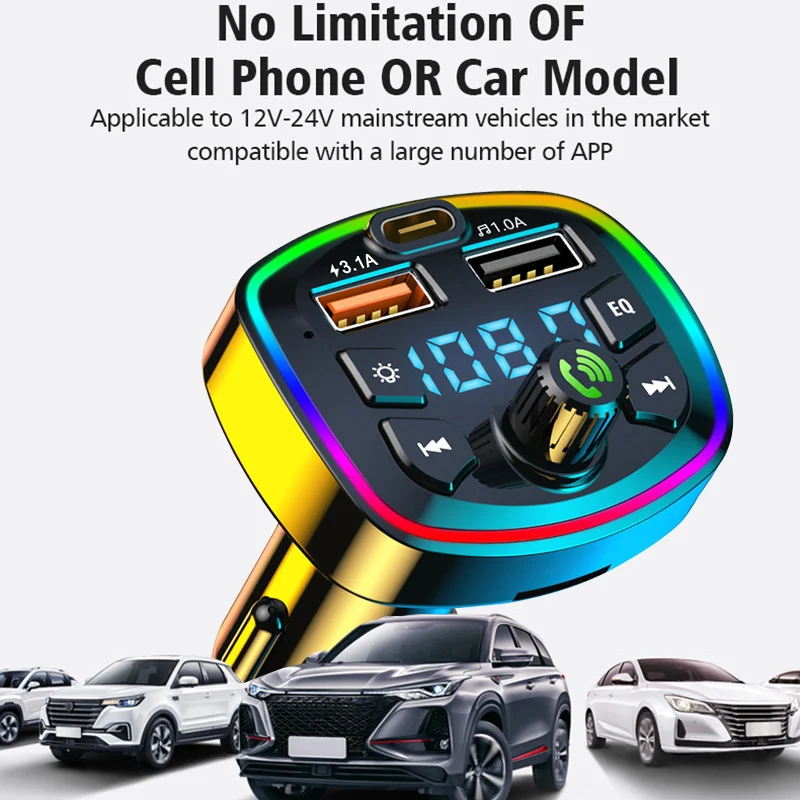Bluetooth 5.0 Dual USB Port Charging Hands-free Calling LED Light Fast Charging FM Transmitter Car Adapter Car Accessories