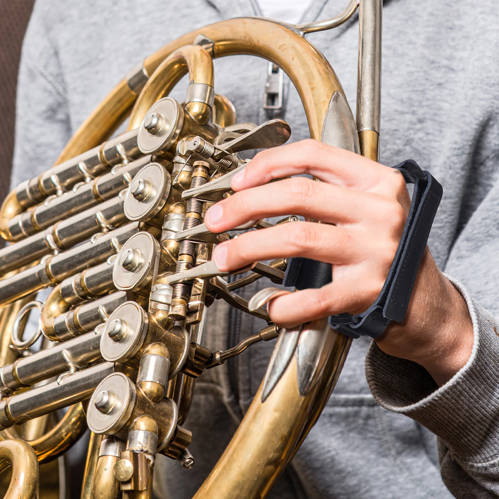 

French Horn Hand Guard Durable PU Material Adjustable Anti Slip Hand Grip Cover Pad Horn Handle Cover Protector