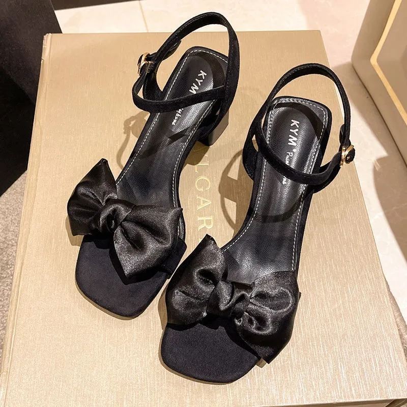 Fairy Style Thick Heeled Sandals 2023 Summer New Bow Square Head Sexy One Line Buckle with Skirt High Heels