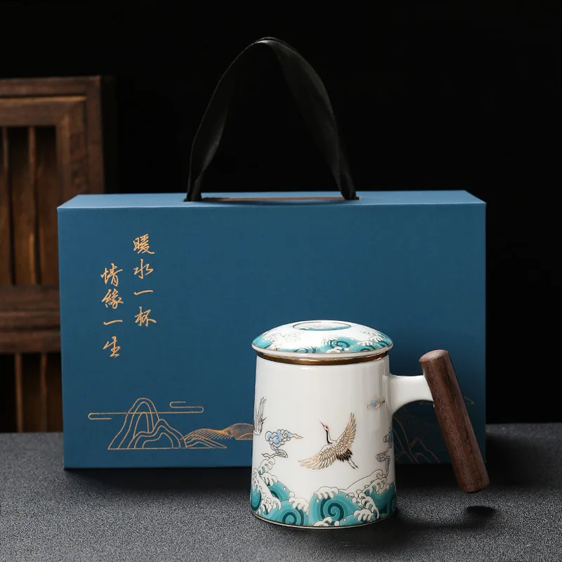Chinese Style Crane Mug Set of Three Office Tea Gift for Leaders and Elders Ceramic Handle Water Mugs