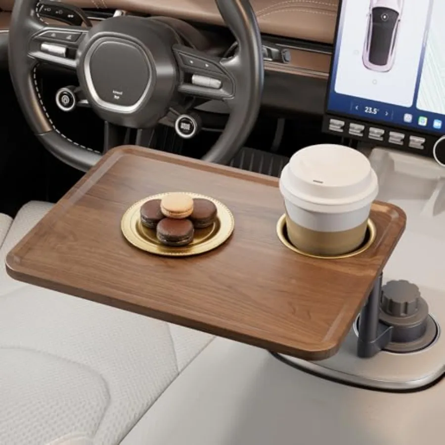 

Car Cup Holder Tray Desk 360° Rotating Black Walnut Solid Wood Food Car Table - Steering Wheel Tray Road Trip Essentials Access