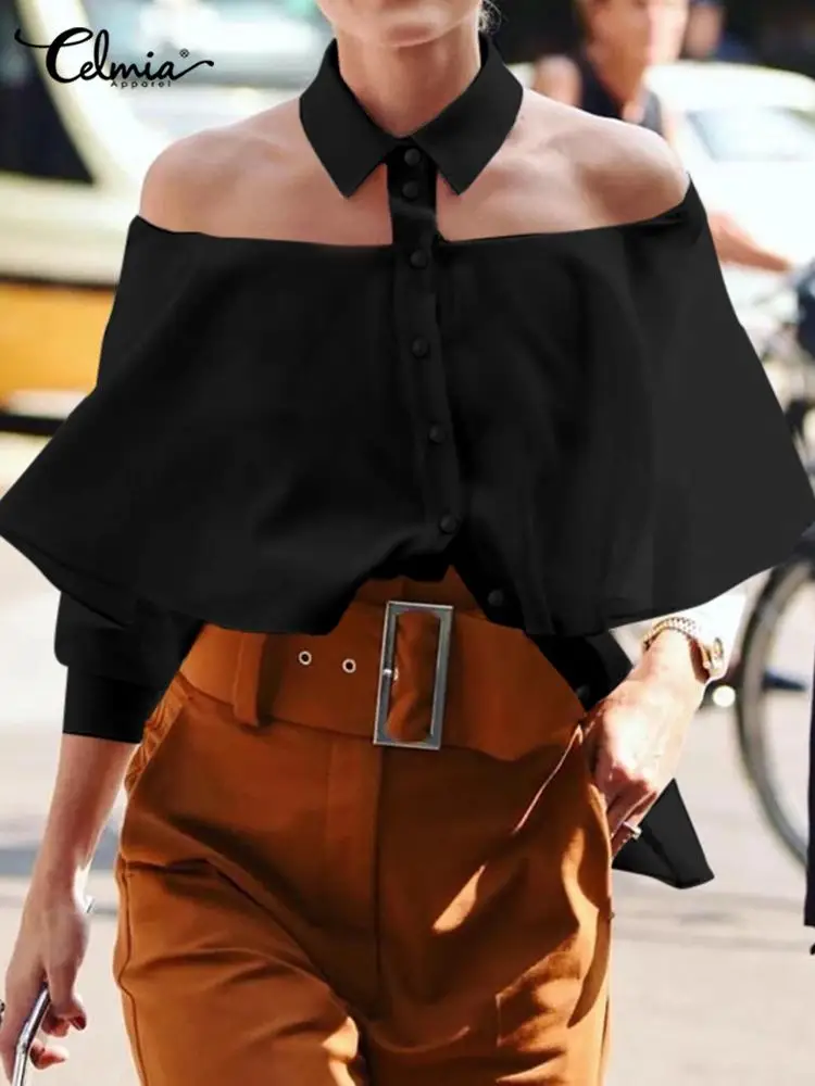 2024 Off Shoulder Shirts Celmia Vintage 3/4 Sleeve Tops Fashion Solid Ruffles Covering Lapel Tunic Chic Streetwear Blouses Mujer