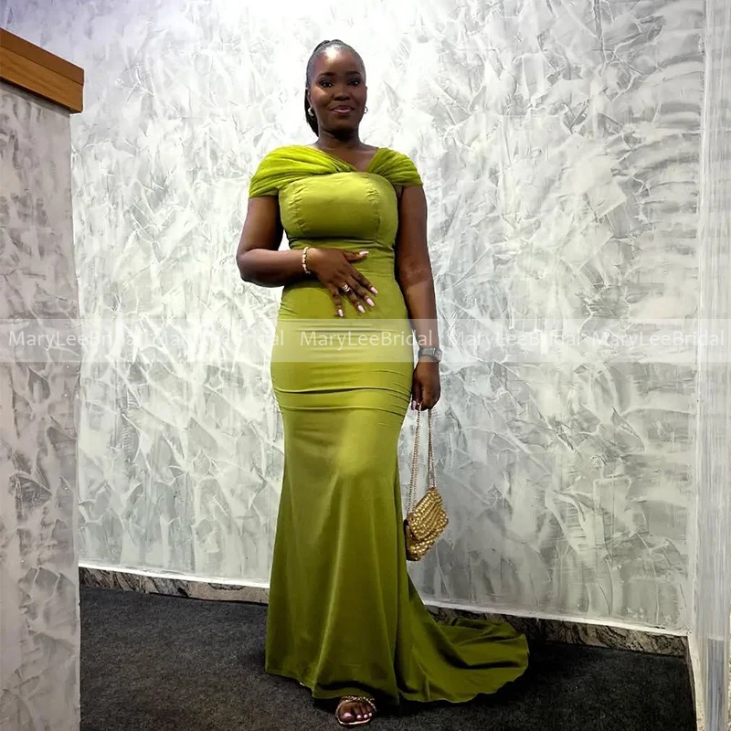 Olive Green Mermaid Bridesmaid Dresses Off Shoulder Tulle Sleeves Customized Plus Size Wedding Guest Gowns robe mariage invite