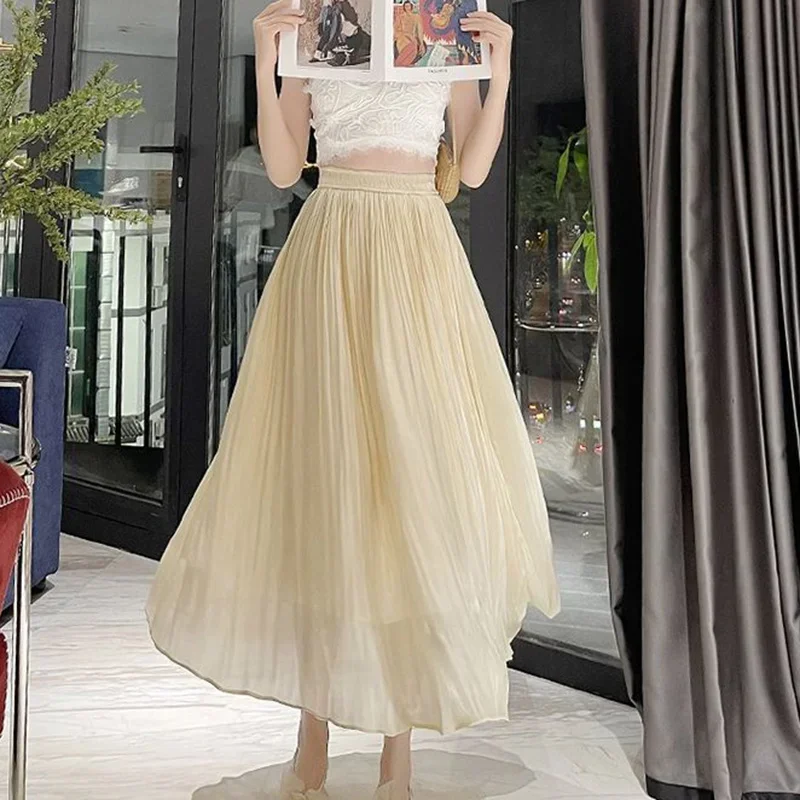 Summer Women Shiny Silky Gloss Long Skirts High Quality Elastic High Waist Skirts Woman Elegant A Line Pleated Skirt