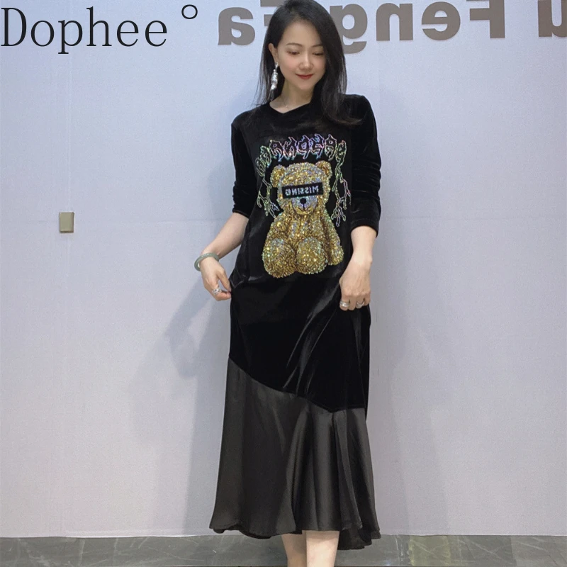 Fashion Autumn Winter Long Sleeve Pleuche Dress Ultra Long Patchwork Fish Tail Dress Cute Bear Hot Drilling O-neck Party Dress