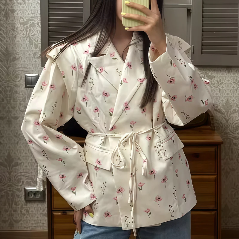 Blazer de moda para mujer, chaqueta de manga larga con hombros anchos y lazo en la cintura, elegante y versátil, adecuado para el lugar de trabajo y ropa informal