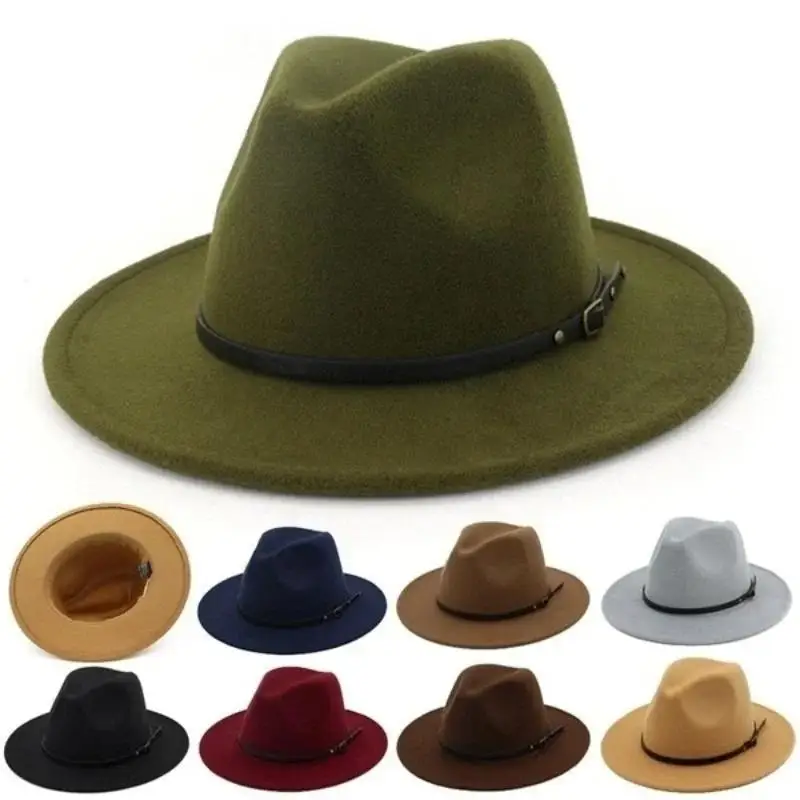 Men Women Fashion Vintage Simple Solid Color Wide Brim Felt Jazz Cap Church Party Travel Hat Accessory Gift