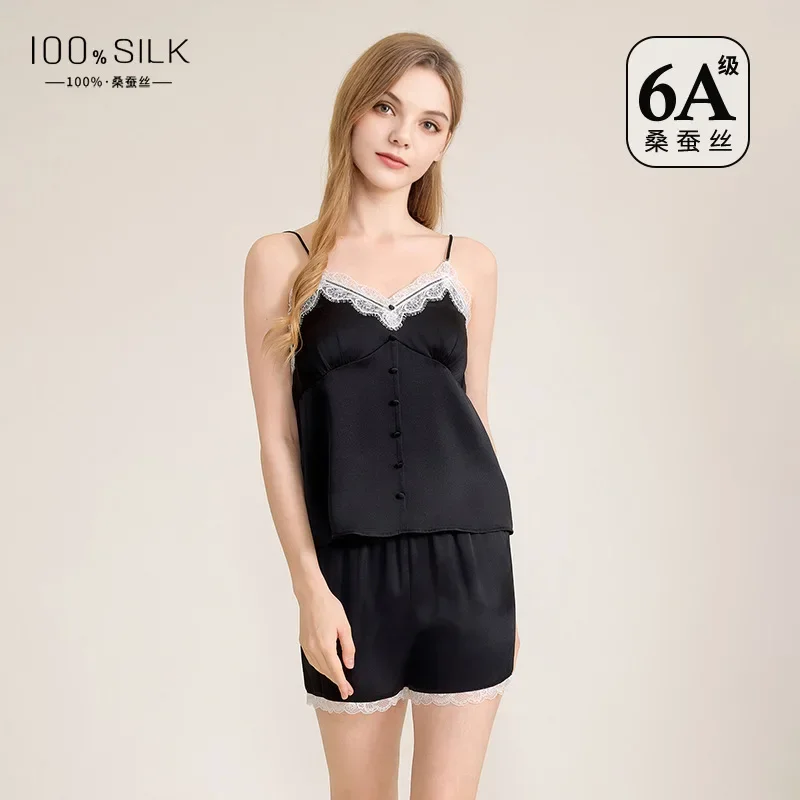 

Lace Trim 100% Mulberry Silk Women Casual Cami and Shorts Pajamas Set V-Neck Suit Summer Sleepwear Camisole Sets with Chest Pad