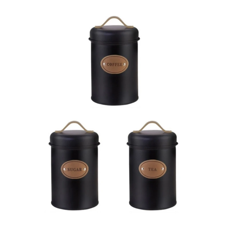 3Pieces Delicate Farmhouse Iron Canister Set For Coffee Teas And Sugar Storage