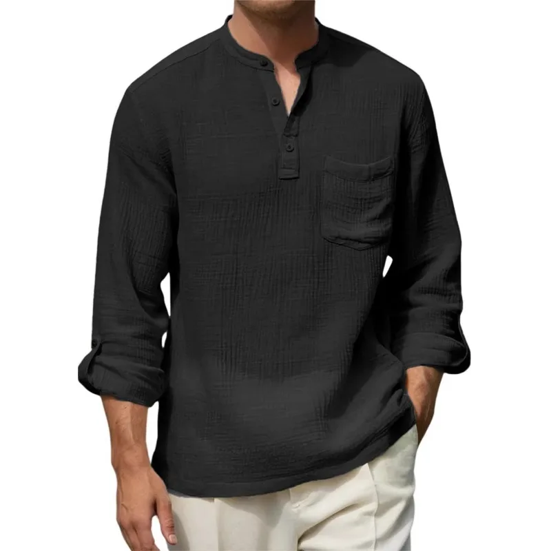 Men's Blue Textured Henley Shirt with Stand Collar Chest Pocket Roll Up Long Sleeve Casual Top view 5