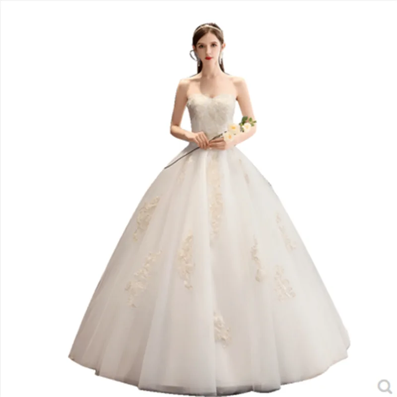 맞춤형 신상 웨딩드레스 여성용 스트랩리스 아플리케 빈티지 볼 가운 자수 공주 웨딩드레스