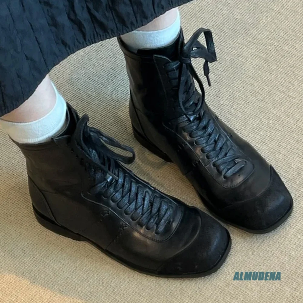 Spliced Round Toe Retro Men Faux Leather High-Top Ankle Boots Lace-Up Back Zip Flat Heel Short Boots Daily Street Casual Shoes