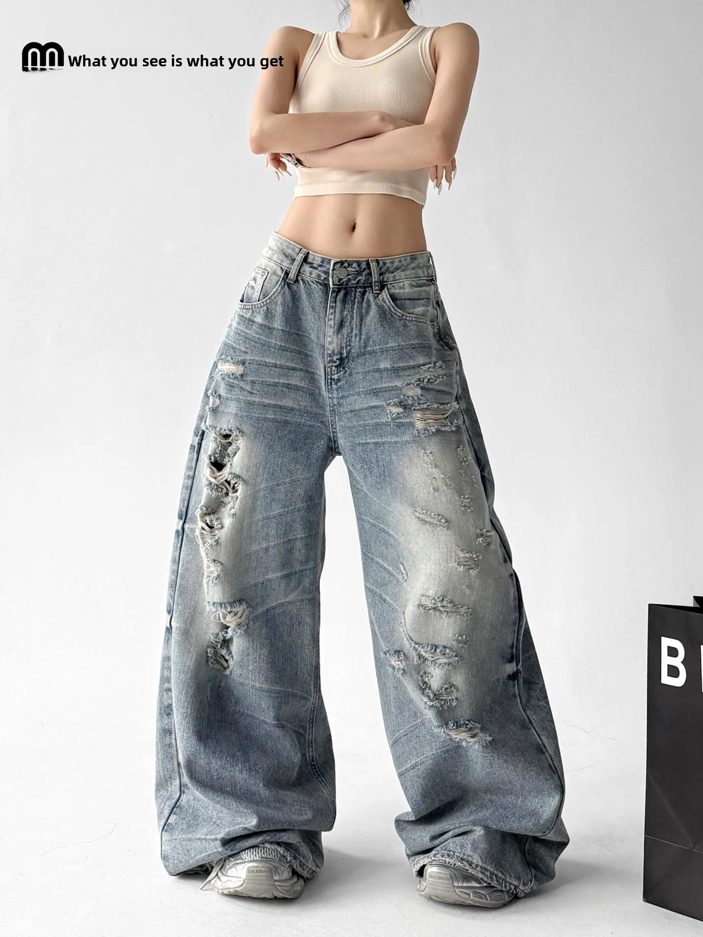 

Blue Street Style Ripped Denim Jeans Women's Loose Wide Leg Pants Spring Summer New Style High Waist Cotton Stretchy Ladies