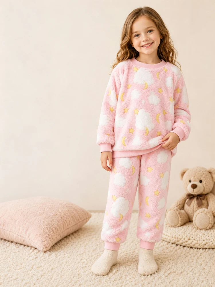 Herbst-Winter-Kinder-Flanell-Pyjama-Set Baby Junge Mädchen Niedlicher Dinosaurier Wolke Langarm-Oberteil+Hose 2-teilig Kinder Dicke Warme Schlafkleidung – Detail 2