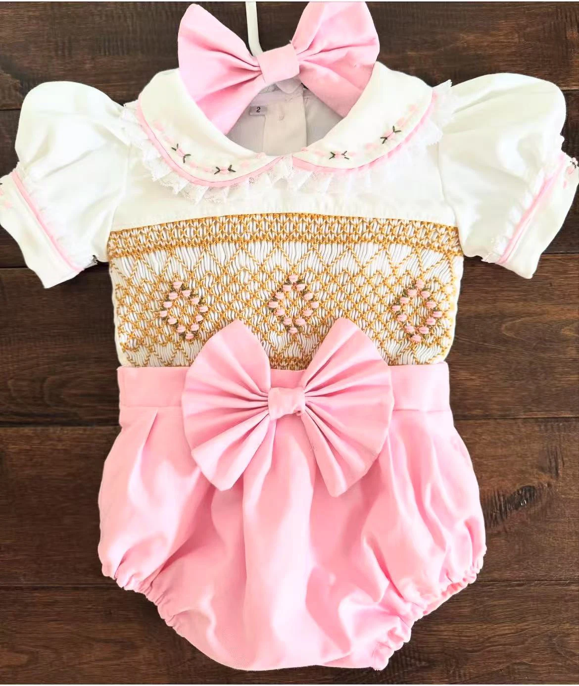 0-6Y Girl Summer White Pink Smocked Outfit Suit for Party Birthday A185