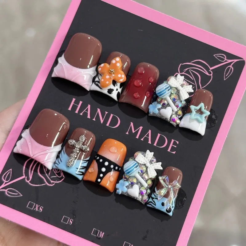 

10 шт. Y2K модные накладные ногти ручной работы в виде утконоса с бантом, цветком, стразами, леденец, дизайн, накладные ногти для пикантной девушки