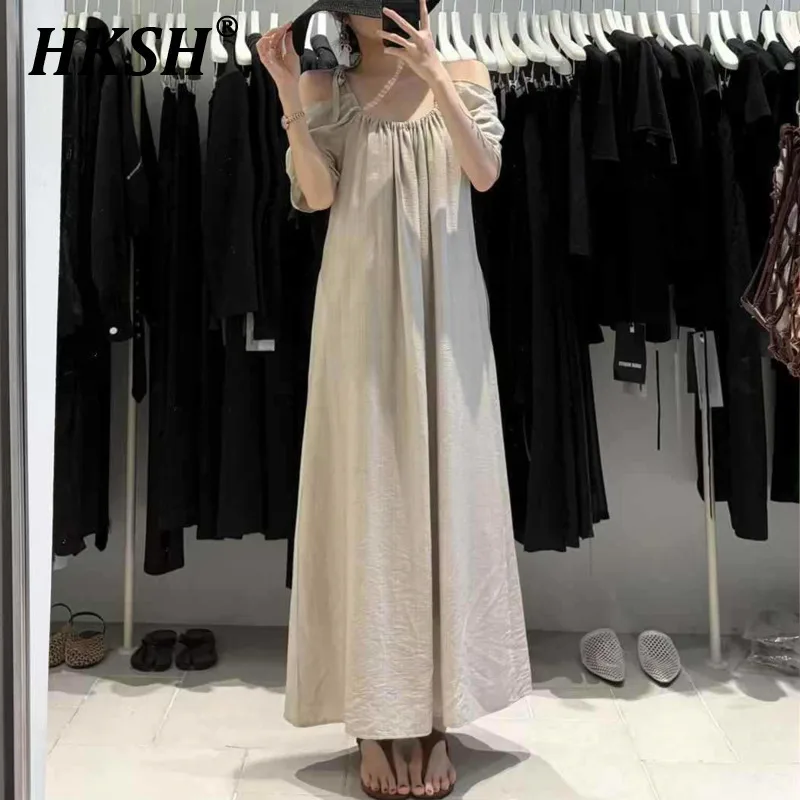 

HKSH Summer New Women Tide Ins Sweet High Street Casual Elegant Loose Solid Color Off Shoulder Spaghetti Strap Long Dress HK5275
