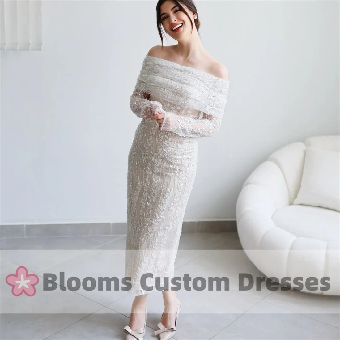 Blooms Customized Shiny Sequins Tulle Bridal Evening Dresses Removable Shawl Off Shoulder Long Sleeves Prom Wedding Party Gown