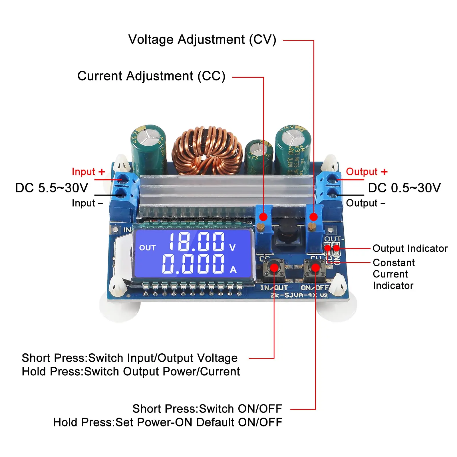 DC-DC Buck Boost Converter Module 5.5-30V to 0.5-30V 4A 35W Adjustable Step Up Down Voltage Regulator LCD Digital Voltmeter