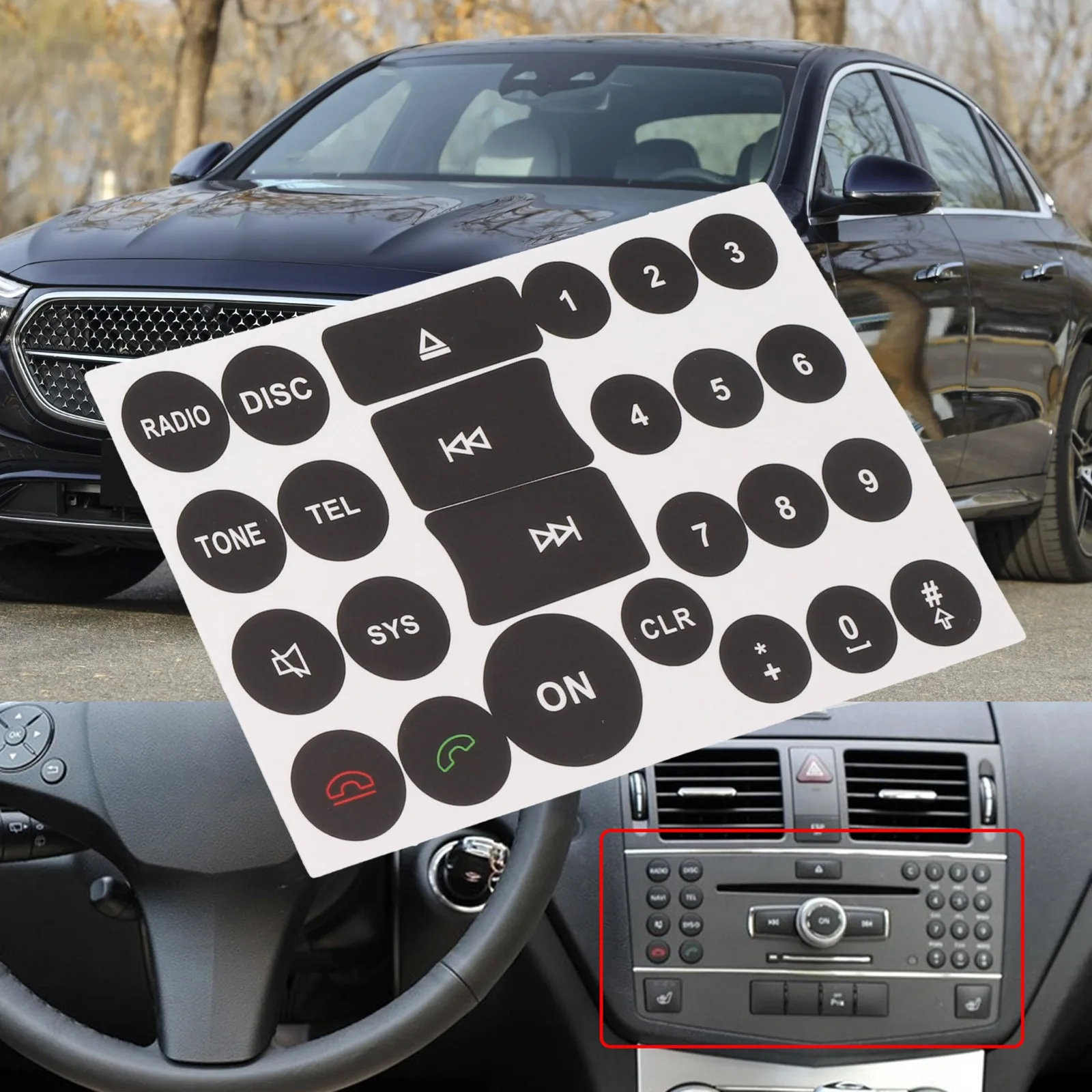 Radio Control Button Identification Decal for Mercedes-Benz C Class E Class GLK Class and W Class Cars 2007 Through 2014