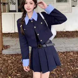 Elegant Two-piece Skirt Set Women Single Breasted Crop Jacket Pleated Mini Skirt Preppy Style Korean Fashion Autumn New Outfits