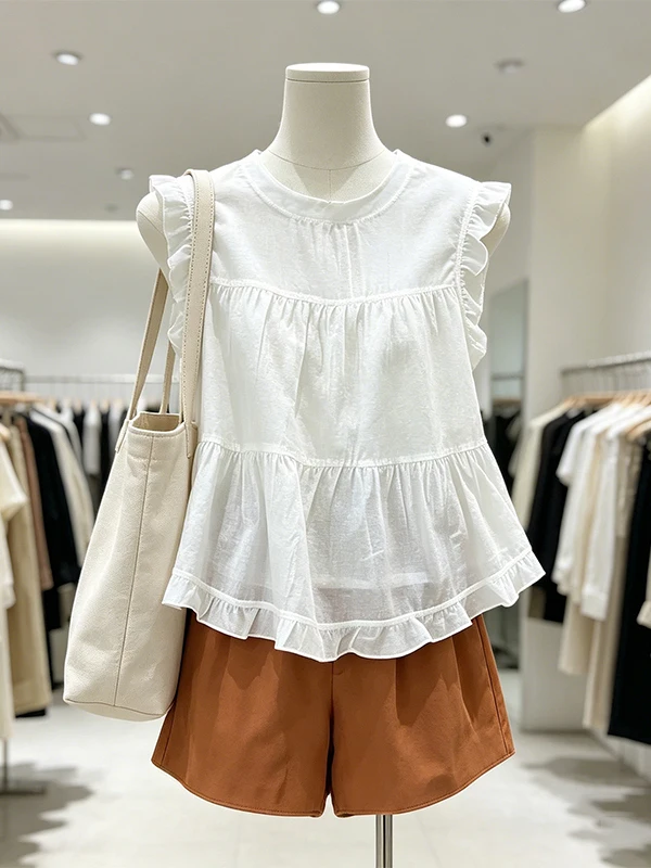 

White High Waist Short Pants Set Women's Summer Thin Sleeveless round Neck Shirt Large Size Fashionable Commute Korean Style
