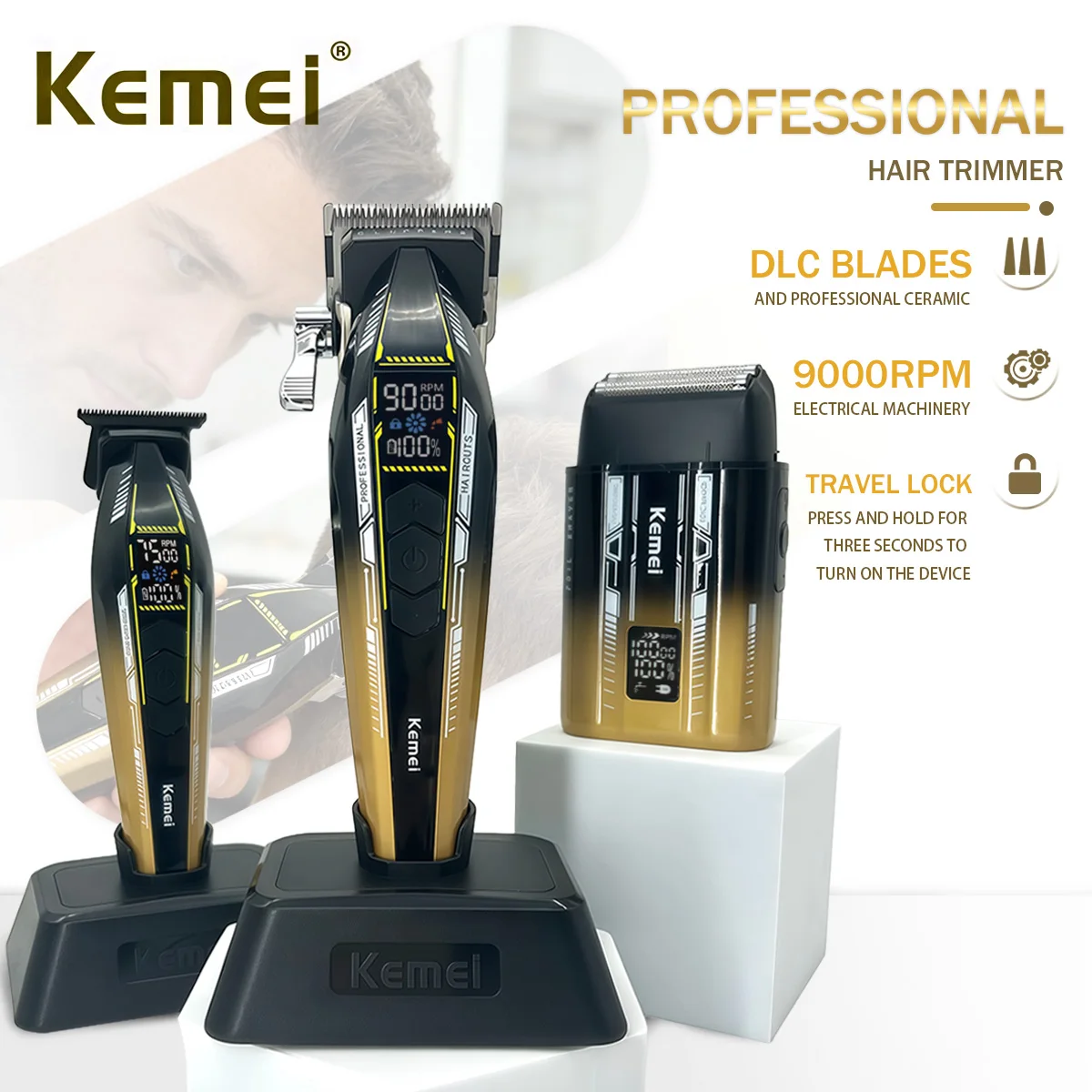 

Kemei Professional Hair Trimmer Rechargeable Hair Clippers 10000RPM Beard Shaver LCD Display Trimmer for Men KM-1918 KM-1917 418