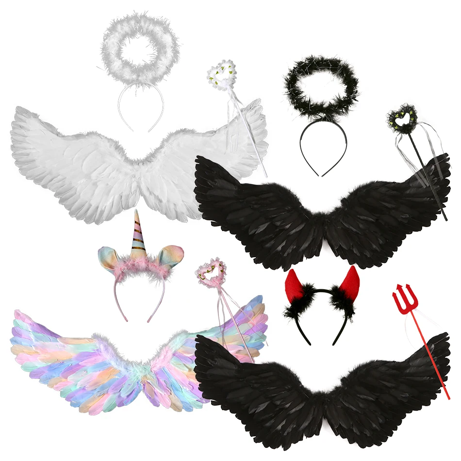 Girls Angel Halo Wings Magical Wand Set Kids Halloween Stage Performances Party Angel Devil Wings Cosplay Props Set